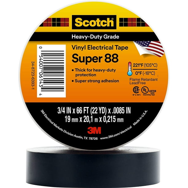 Scotch Vinyl Electrical Tape 3//4in X 66ft 8.5 Mil Thick 600 V 221 Deg F Black